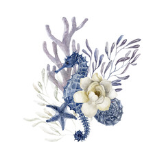 Floral decoration with seahorse. Underwater world. © vectorgirl