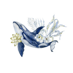 Blue killer whale and flowers. © vectorgirl
