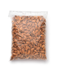 Top view of almond nuts in clear plastic bag