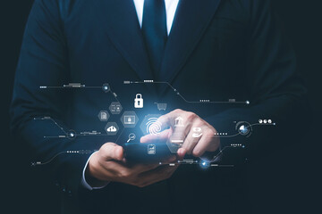 Concept of cyber security digital technology, business people use fingerprints to access personal cybersecurity, keeping users' personal information safe, secure internet access