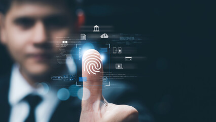Fototapeta premium Concept of cyber security digital technology, business people use fingerprints to access personal cybersecurity, keeping users' personal information safe, secure internet access