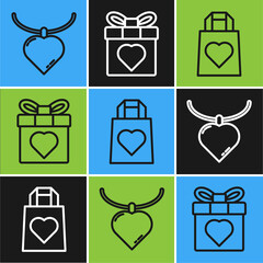 Set line Necklace with heart shaped pendant, Shopping bag with heart and Gift box and heart icon. Vector