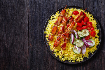 bbq chicken kebabs with saffron rice and veggies