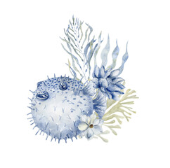 Pufferfish with florals. Underwater world. © vectorgirl