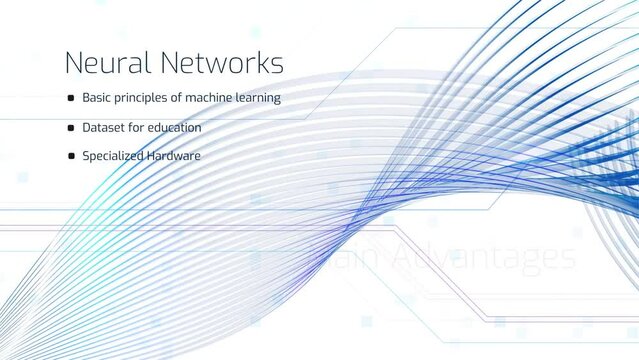 Neural Network Presentation Mock-up with Machine Learning, Dataset, Hardware and Advantage Goals. Keynote Slides with Blue Charts and Graphics on White Background. Template for Computer Displays.