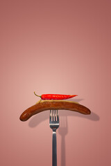 Cover page with single grilled sausage with mustard on it and hot chili pepper put on a metal modern fork at gradient pink color background with copy space. Concept of street food and cuisine.