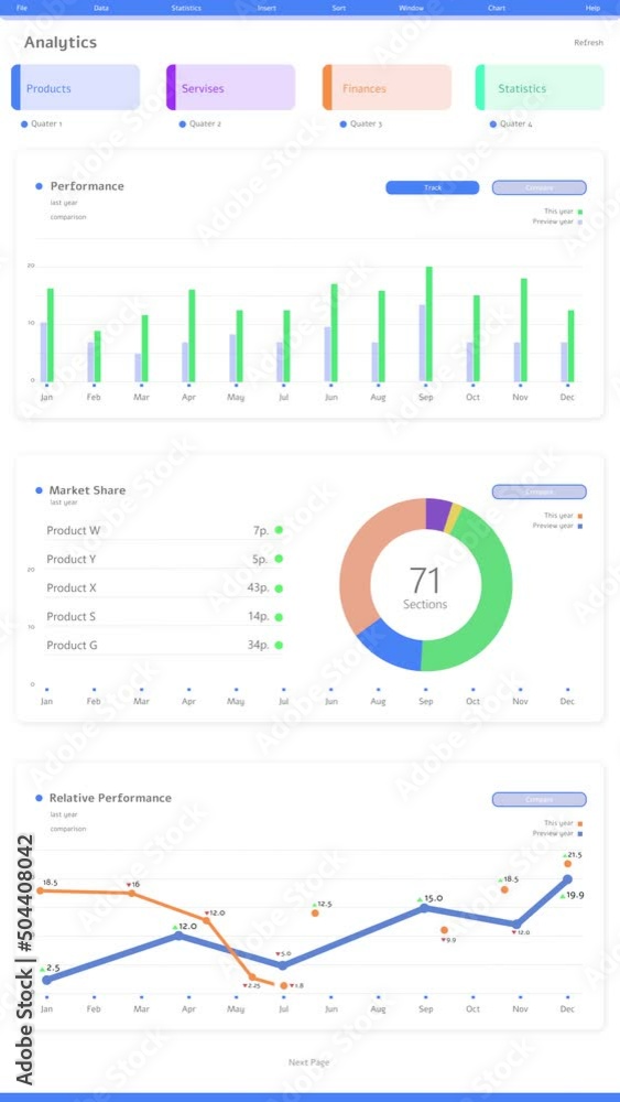 Poster Vertical Screen: Weekly Business Planner Diagram with Graphs and Financial Analytics. White Interface with Green and Blue Charts. Mock-up Accounting Tool Template for Computer Displays.