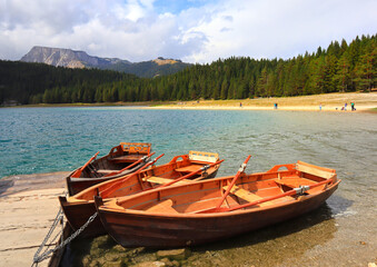 Boats on Black Lake in Durmitor National Park in Montenegro	
