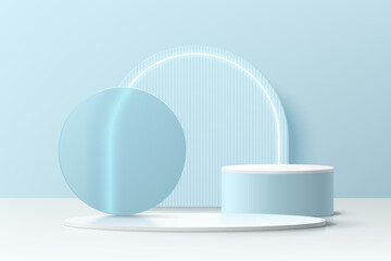 Realistic white and blue 3D cylinder pedestal podium with glowing neon and vertical stripes pattern in arch shape. Minimal scene for product display presentation. Vector rendering geometric platform.