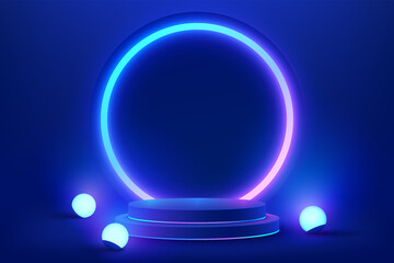 Abstract blue cylinder pedestal podium. Sci-fi blue abstract room with circle and balls glowing neon lamp lighting. Vector rendering 3d shape, Product display mockup. Futuristic scene. Stage showcase.