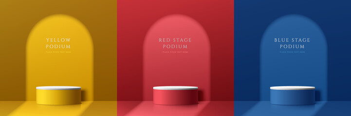 Set of abstract 3D room with yellow, dark blue and red realistic cylinder pedestal podium. Minimal scene with light and shadow. Stage showcase, Mockup product display. Vector rendering geometric forms