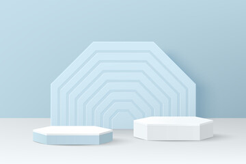 Abstract blue 3D room with set of realistic blue and white hexagon pedestal podium, Geometric form scene background. Pastel minimal scene for mockup product display. Stage for showcase. Vector EPS10