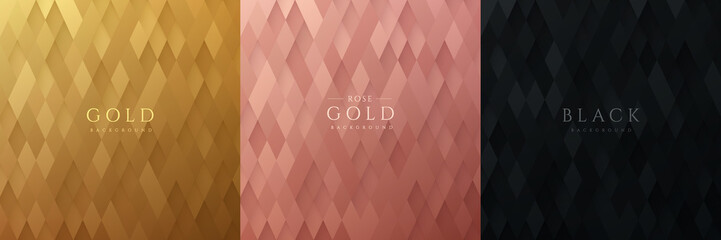 Set of golden, rose gold and black abstract rhombus shape pattern, Luxury 3D geometric pattern background. Can use for cover, artwork, print ad, poster, web banner. Simple and minimal. Vector EPS10.