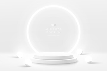 Abstract 3D room with realistic silver cylinder pedestal podium and glowing circle ring neon scene, Lamp sphere balls. Minimal scene for mockup product display. Vector geometric forms. Stage showcase.