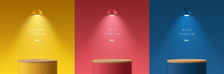 Set of yellow, dark blue, red and wood realistic 3d cylinder stand podium in abstract rooms with hanging neon lamps. Stage showcase, Product display. Vector rendering geometric forms. Minimal scene. - obrazy, fototapety, plakaty