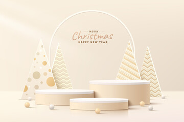 Abstract realistic 3D light brown cylinder pedestal podium set with Luxury christmas tree and ball. Merry christmas and new year scene for mockup product display. Vector rendering form. stage showcase