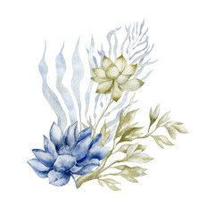 Bouquet with lily and seaweeds.