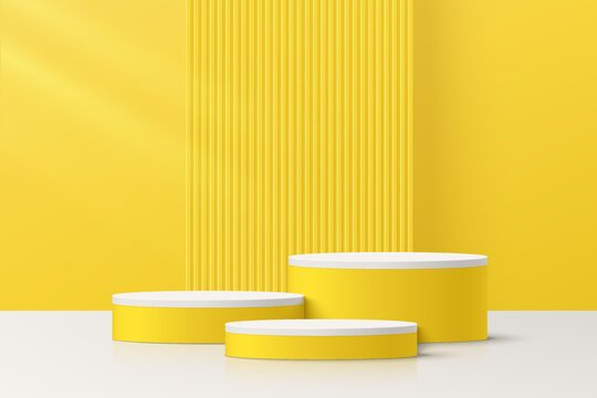 Abstract 3D yellow room with set of realistic white and yellow cylinder pedestal podium. Minimal vertical texture scene for mockup product display. Vector geometric forms design. Stage for showcase.