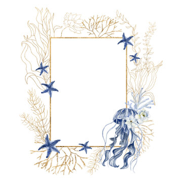 Marine frame with seaweeds, coral and sea animals.