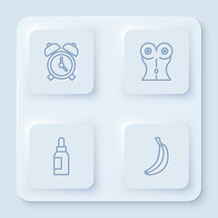 Set line Alarm clock, Women waist, Essential oil bottle and Banana. White square button. Vector