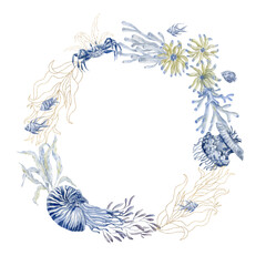 Marine frame with seaweeds, coral and sea animals.