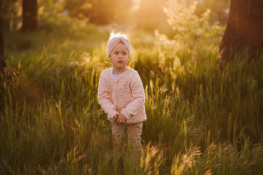 Little girl have fun in a hight green grass in the sunset