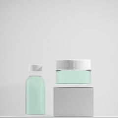 set of cosmetic bottle glass and jar glass with green liquid on white box 3d render