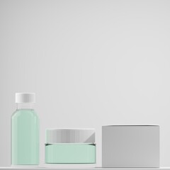 glass bottle with green liquid and glass jar with green liquid and white box 3d rendering