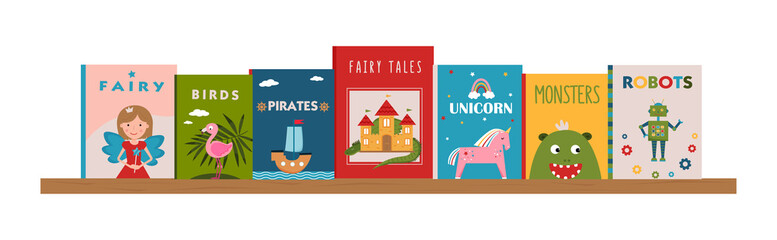 Bookshelf with children's books. Illustrated covers of books. Literature for kids. Children's reading. Colorful books covers. Front view of books. Banner for library, bookstore, fair, festival. © Olena Dumanchuk