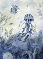Poster with Jellyfish. Underwater world.