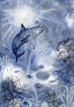 Poster with Hammerhead shark. Underwater world.