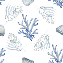 Marine Seamless Pattern with Coral and Seaweed.