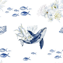 Marine Seamless Pattern with Whale.