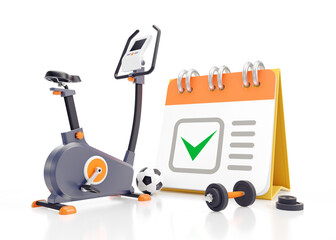 Fitness Scheduling. An exercise bike together with a dumbbell and a soccer ball in front of a calendar are on reflective white background. 3D rendering graphics on the theme of Fitness Industry.