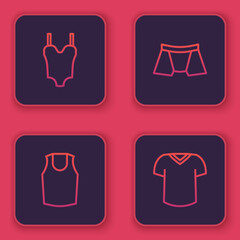 Set line Swimsuit, Undershirt, Men underpants and T-shirt. Blue square button. Vector