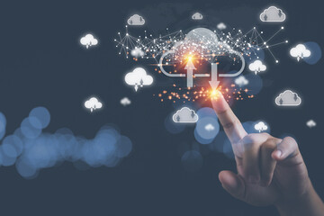 Technology, download, upload, and concept. Hand a man uses finger touching scan cloud computing...