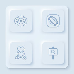 Set line Gender equality, Sanitary napkin, and Feminist activist. White square button. Vector