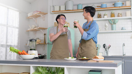 Young smiling gay couple making healthy juice with juice machine in the kitchen at home, LGBTQ and...