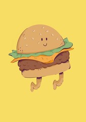 funny appetizing cheeseburger with legs on a yellow background.