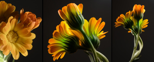 flowers with orange petals on a dark background, three images, horizontal composition, tribtych.