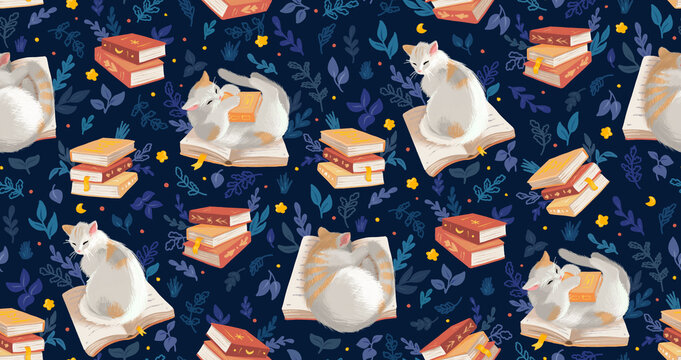 reading at night - cat - seamless pattern