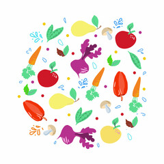 Vegetables and fruits in a flat style in a circle. Template suitable for health magazines, food websites and restaurant newsletters. Diet and organic food. Vector concept of healthy food.