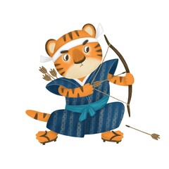 Tiger character in kimono shot an arrow
