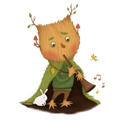 A little boy forest spirit plays the trumpet