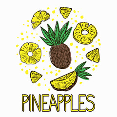A set of pineapples, drawn doodle elements in sketch style. Whole pineapple, parts, leaves, slices, core, juice drops, arranged in a circle. Vector illustration, isolated on white background.