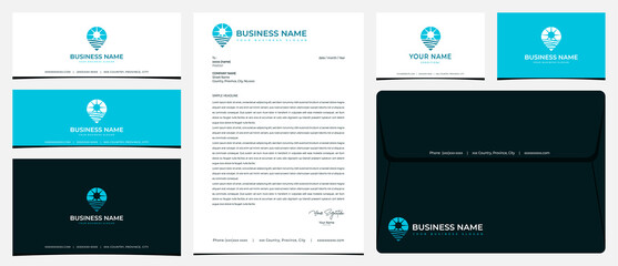 Ocean pin logo with stationery, business card and social media banner designs