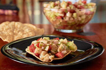 Fresh dish from Mexico and Peru, Ceviche Tostada.
