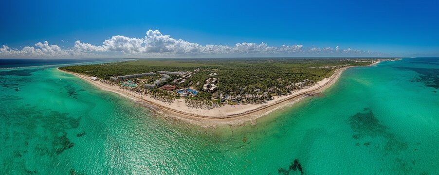 Panorama over a tropical beach taken from the water during the day