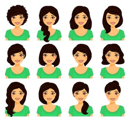 Set of smiling brunette girls with different hairstyles. Flat style on a white background. Cartoon.