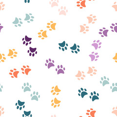 Patrón de huellas de oso en tonos naranja, amarillo, violeta y rosa